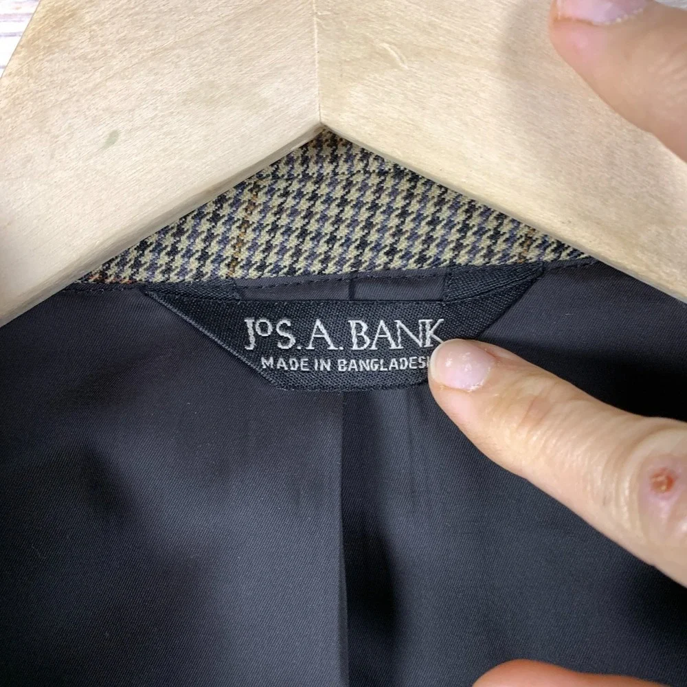 JoS A Bank Travelers‎ Blazer Men 41R 100% Wool Houndstooth Plaid Tan Sports Coat